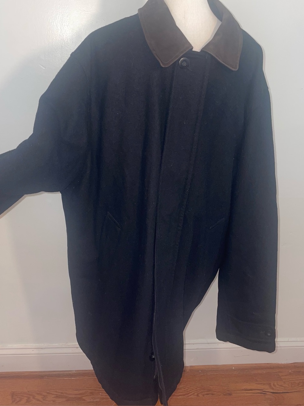 Nautica Black Wool Pea Coat with Brown leather Collar